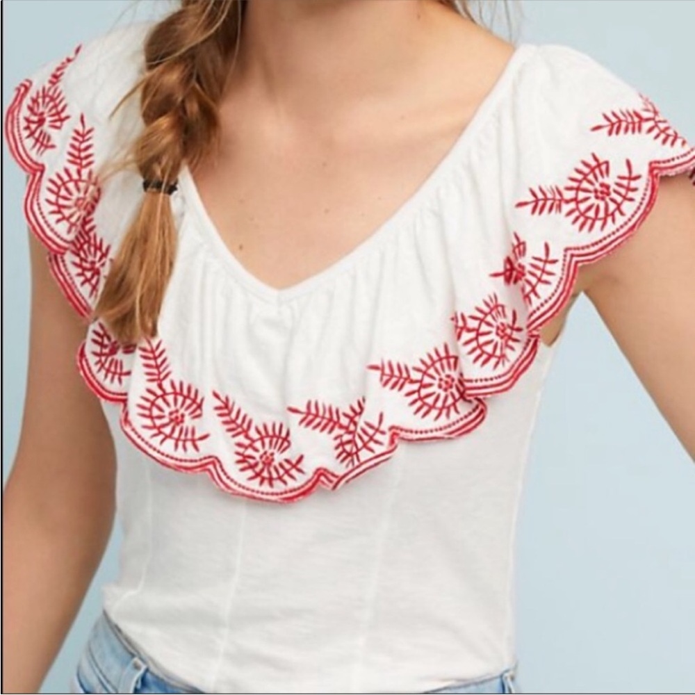 Anthropology Moulinette Soeurs Red/white Julieta ruffle embroidered Size XL NWT